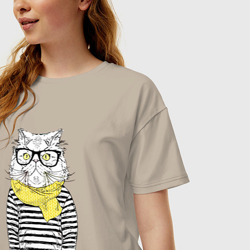 Женская футболка оверсайз Hipster Cat / Миндальный – фото 3