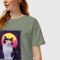 Футболка оверсайз женская Synthwave cat, цвет: авокадо — фото 2