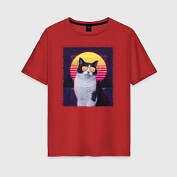 Футболка оверсайз женская Synthwave cat, цвет: красный