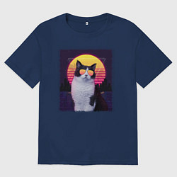 Футболка оверсайз женская Synthwave cat, цвет: тёмно-синий