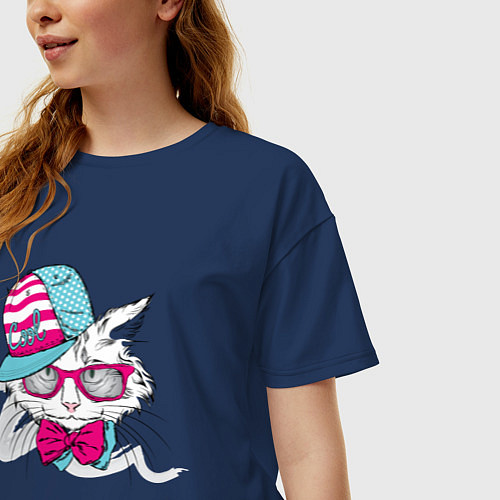 Женская футболка оверсайз Крутой кот / Тёмно-синий – фото 3
