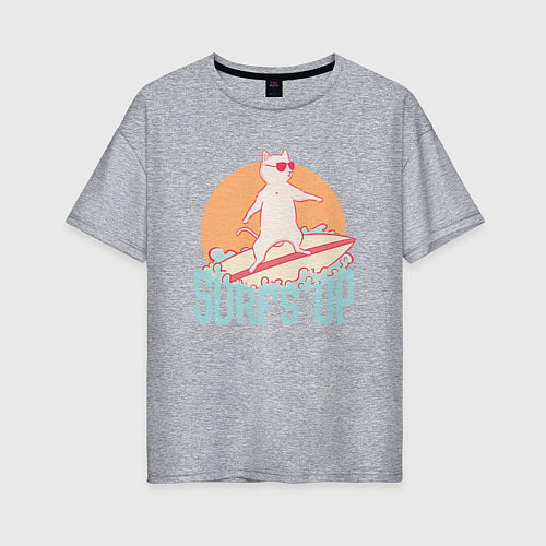 Женская футболка оверсайз Surfs Up Кот сёрфер на гребне волны / Меланж – фото 1