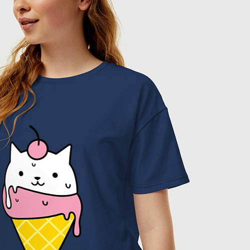 Женская футболка оверсайз Ice Cream Cat / Тёмно-синий – фото 3