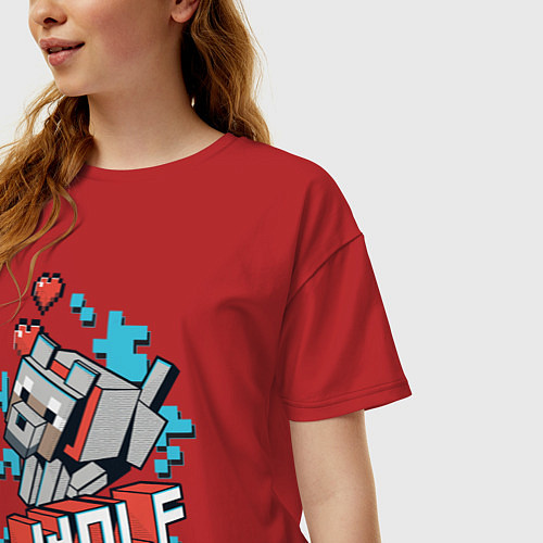 Женская футболка оверсайз Майнкрафт Волк, Minecraft Wolf / Красный – фото 3