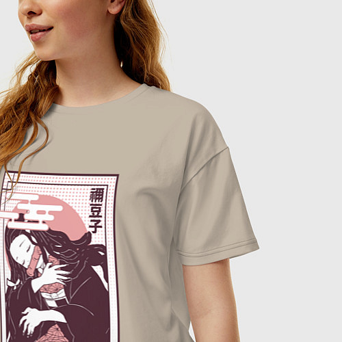 Женская футболка оверсайз Незуко спит клинок демонов / Миндальный – фото 3