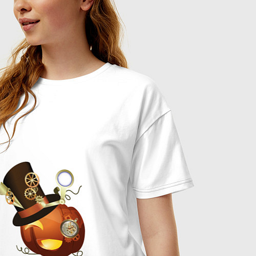 Женская футболка оверсайз Хэллоуин в стиле стимпанк с тыквой в шляпе / Белый – фото 3