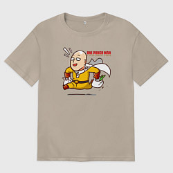 Футболка оверсайз женская Счастливый Сайтама с пакетами продуктов One Punch-, цвет: миндальный