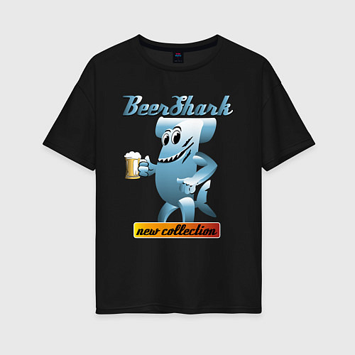 Женская футболка оверсайз Акула с кружкой пива / Черный – фото 1