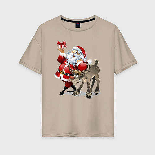 Женская футболка оверсайз Прикольный дедуля с подарком и олень / Миндальный – фото 1