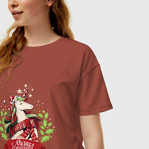 Женская футболка оверсайз Christmas Unicorn / Кирпичный – фото 3