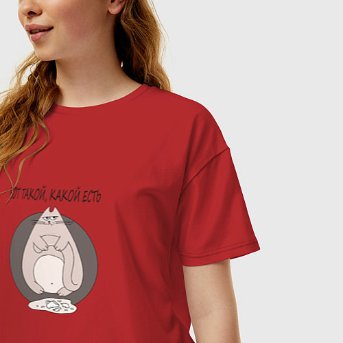 Женская футболка оверсайз Прикольный нашкодивший кот / Красный – фото 3