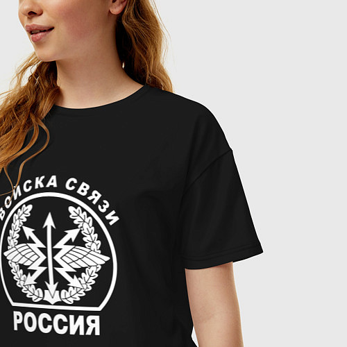 Женская футболка оверсайз Войска связи герб с надписью на спине / Черный – фото 3