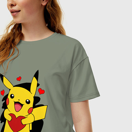 Женская футболка оверсайз ПИКАЧУ И СЕРДЕЧКО POKENON PIKACHU LOVE / Авокадо – фото 3