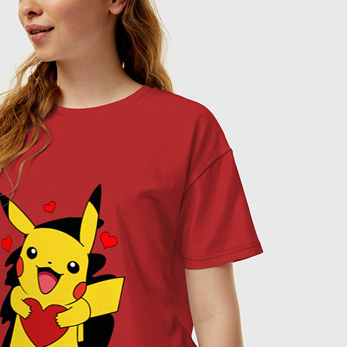 Женская футболка оверсайз ПИКАЧУ И СЕРДЕЧКО POKENON PIKACHU LOVE / Красный – фото 3