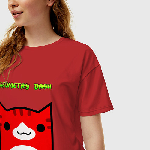 Женская футболка оверсайз GEOMETRY DASH CAT SKIN ГЕОМЕТРИ ДАШ КОТ СКИН / Красный – фото 3