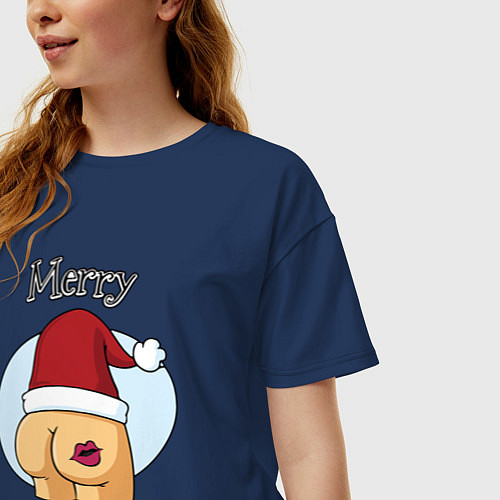 Женская футболка оверсайз Merry KissMAss / Тёмно-синий – фото 3
