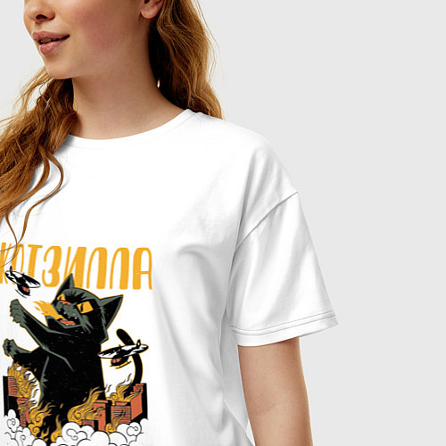 Женская футболка оверсайз Котзилла - Кот в стиле Аниме Годзилла / Белый – фото 3