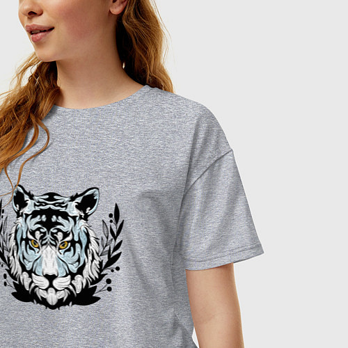 Женская футболка оверсайз Белый тигр в траве / Меланж – фото 3