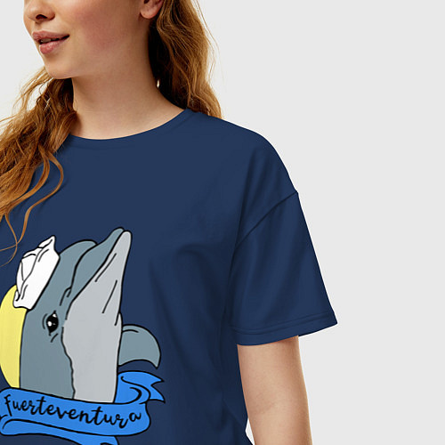 Женская футболка оверсайз Дельфин на фоне солнца / Тёмно-синий – фото 3