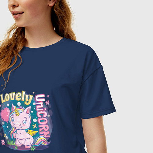 Женская футболка оверсайз Любимый единорог / Тёмно-синий – фото 3