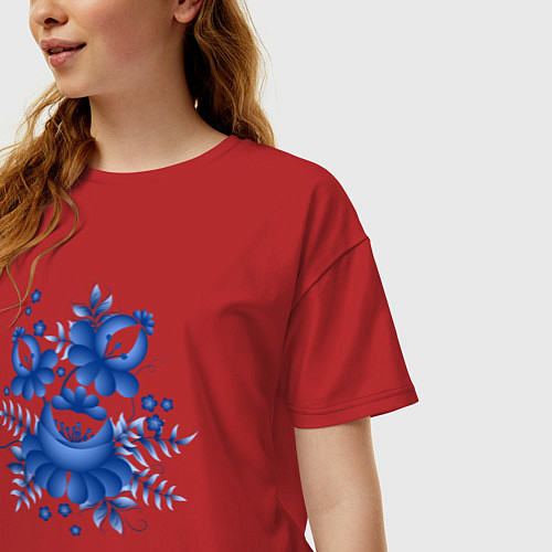 Женская футболка оверсайз Голубой орнамент Гжель / Красный – фото 3