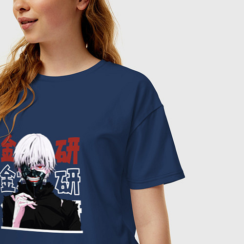 Женская футболка оверсайз Токийский гуль Tokyo Ghoul, Ken Kaneki Канеки Кен / Тёмно-синий – фото 3