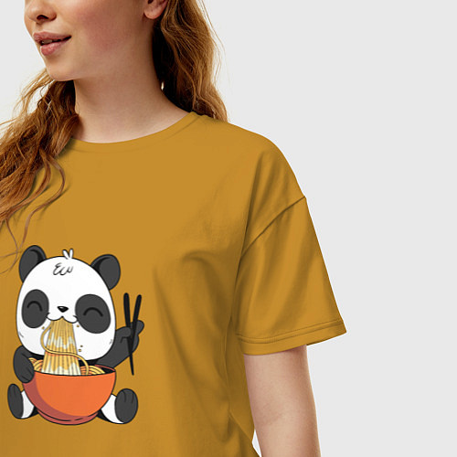 Женская футболка оверсайз Cute Panda Eating Ramen / Горчичный – фото 3