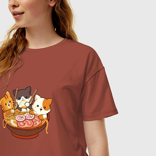 Женская футболка оверсайз Kawaii Cat Ramen / Кирпичный – фото 3