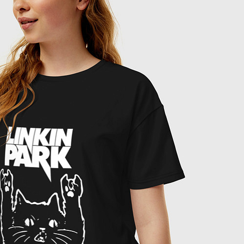 Женская футболка оверсайз Linkin Park, Линкин Парк, Рок кот / Черный – фото 3
