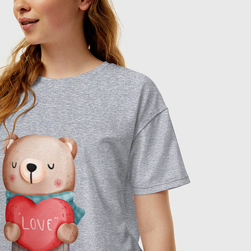 Женская футболка оверсайз Мишка с сердечком Валентинка / Меланж – фото 3