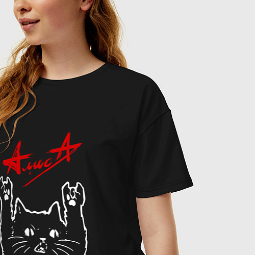 Женская футболка оверсайз Алиса, Рок кот / Черный – фото 3
