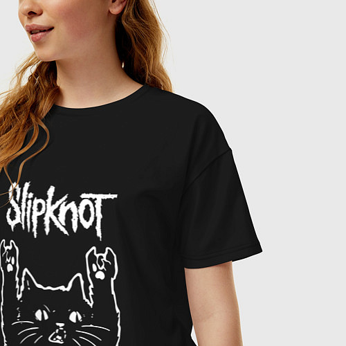 Женская футболка оверсайз Slipknot, Слипкнот Рок кот / Черный – фото 3