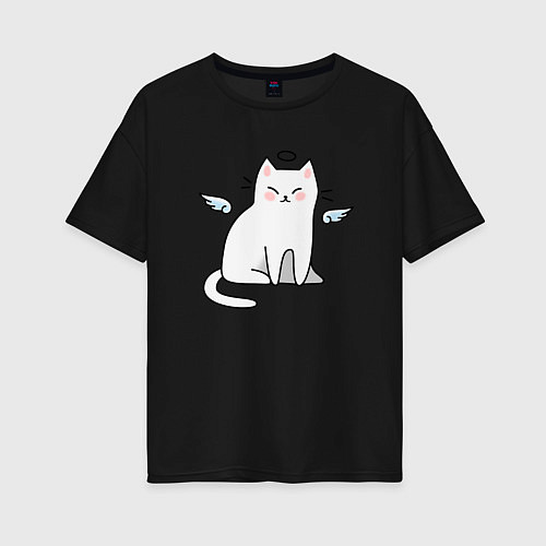 Женская футболка оверсайз КОТИК АНГЕЛ CAT ANGEL / Черный – фото 1