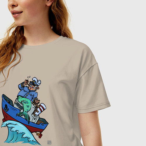 Женская футболка оверсайз Капитан-русалка и бот / Миндальный – фото 3