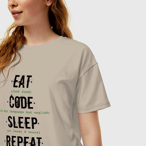 Женская футболка оверсайз EAT CODE SLEEP REPEAT / Миндальный – фото 3