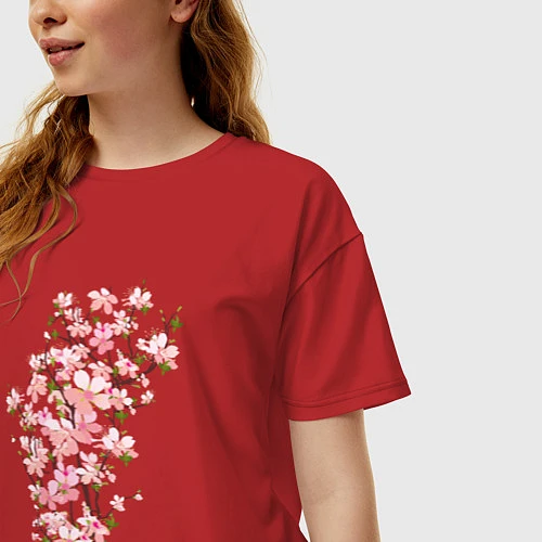 Женская футболка оверсайз Весна Цветущая сакура Japan / Красный – фото 3