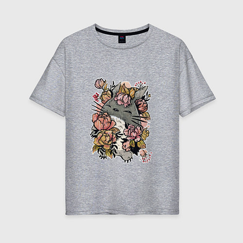 Женская футболка оверсайз Милый Тоторо в цветах / Меланж – фото 1