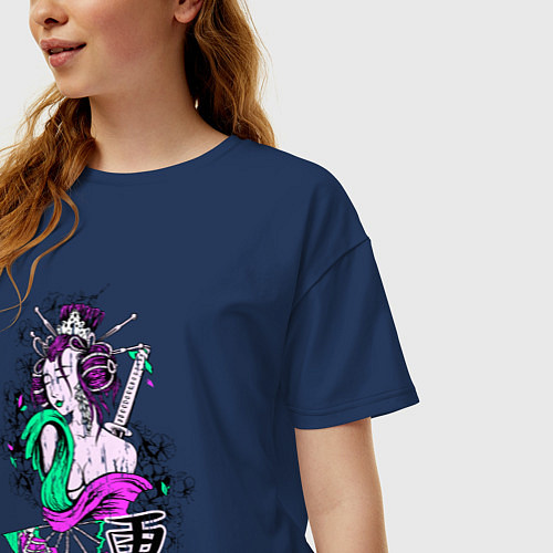 Женская футболка оверсайз Гейша с мечом / Тёмно-синий – фото 3