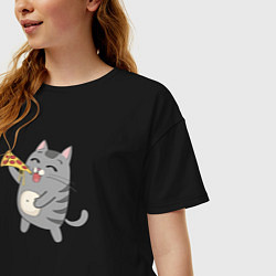 Футболка оверсайз женская Кот с кусочком пиццы, цвет: черный — фото 2