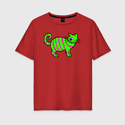 Футболка оверсайз женская Зеленый полосатый кот, цвет: красный