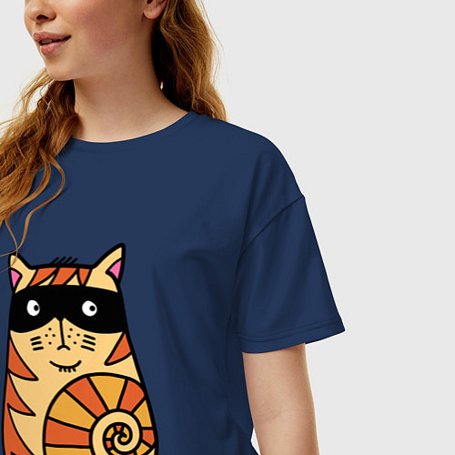 Женская футболка оверсайз Кот в черной маске / Тёмно-синий – фото 3