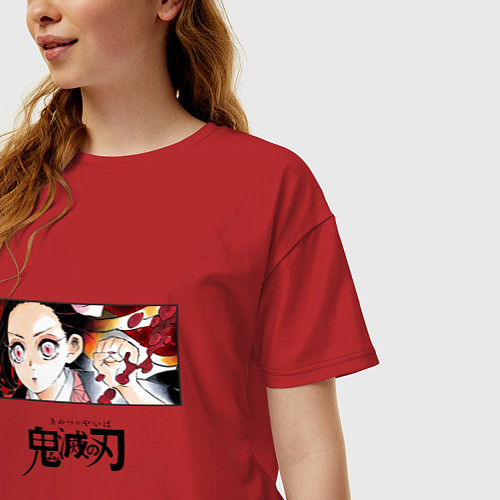 Женская футболка оверсайз Клинок, рассекающий демонов Незуко Камадо лого / Красный – фото 3
