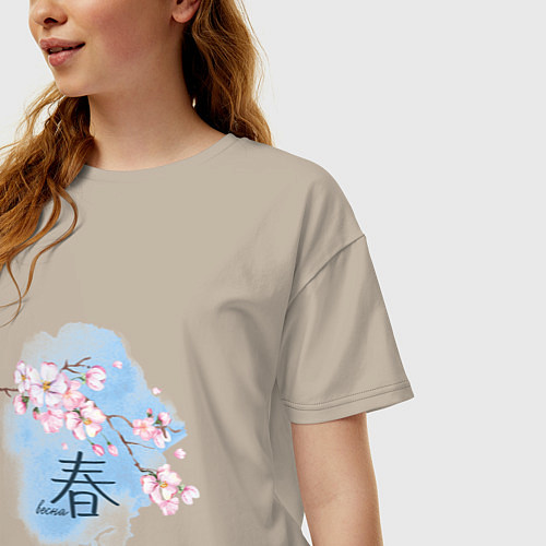 Женская футболка оверсайз Японский иероглиф весна сакура / Миндальный – фото 3