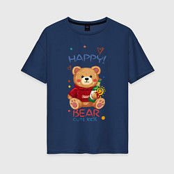 Футболка оверсайз женская СЧАСТЛИВЫЙ МИШКА HAPPY BEAR CUTE 100%, цвет: тёмно-синий