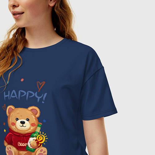 Женская футболка оверсайз СЧАСТЛИВЫЙ МИШКА HAPPY BEAR CUTE 100% / Тёмно-синий – фото 3