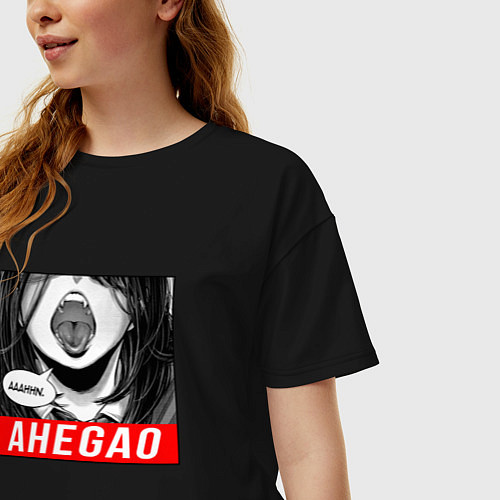Женская футболка оверсайз Девушка с открытым ртом Ahegao / Черный – фото 3