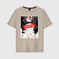 Футболка оверсайз женская Девушка и надпись Senpai Ahegao, цвет: миндальный