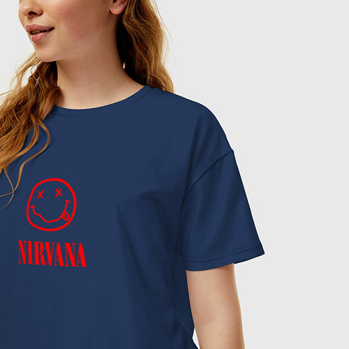 Женская футболка оверсайз Нирвана лого красном цвете / Тёмно-синий – фото 3