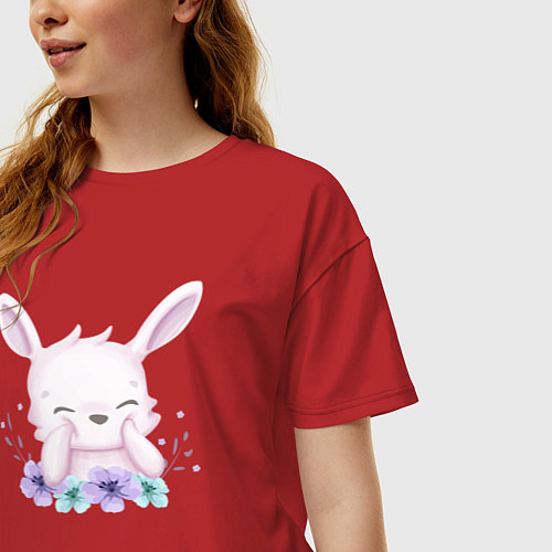 Женская футболка оверсайз Милый Крольчонок С Цветками / Красный – фото 3