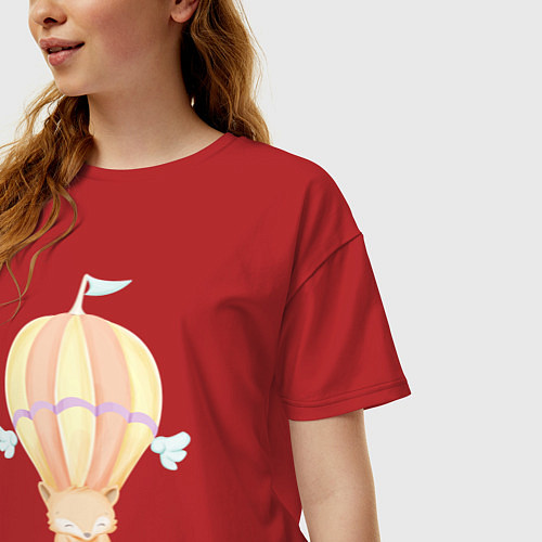 Женская футболка оверсайз Милый Лисёнок Летит На Воздушном Шаре С Цветами / Красный – фото 3